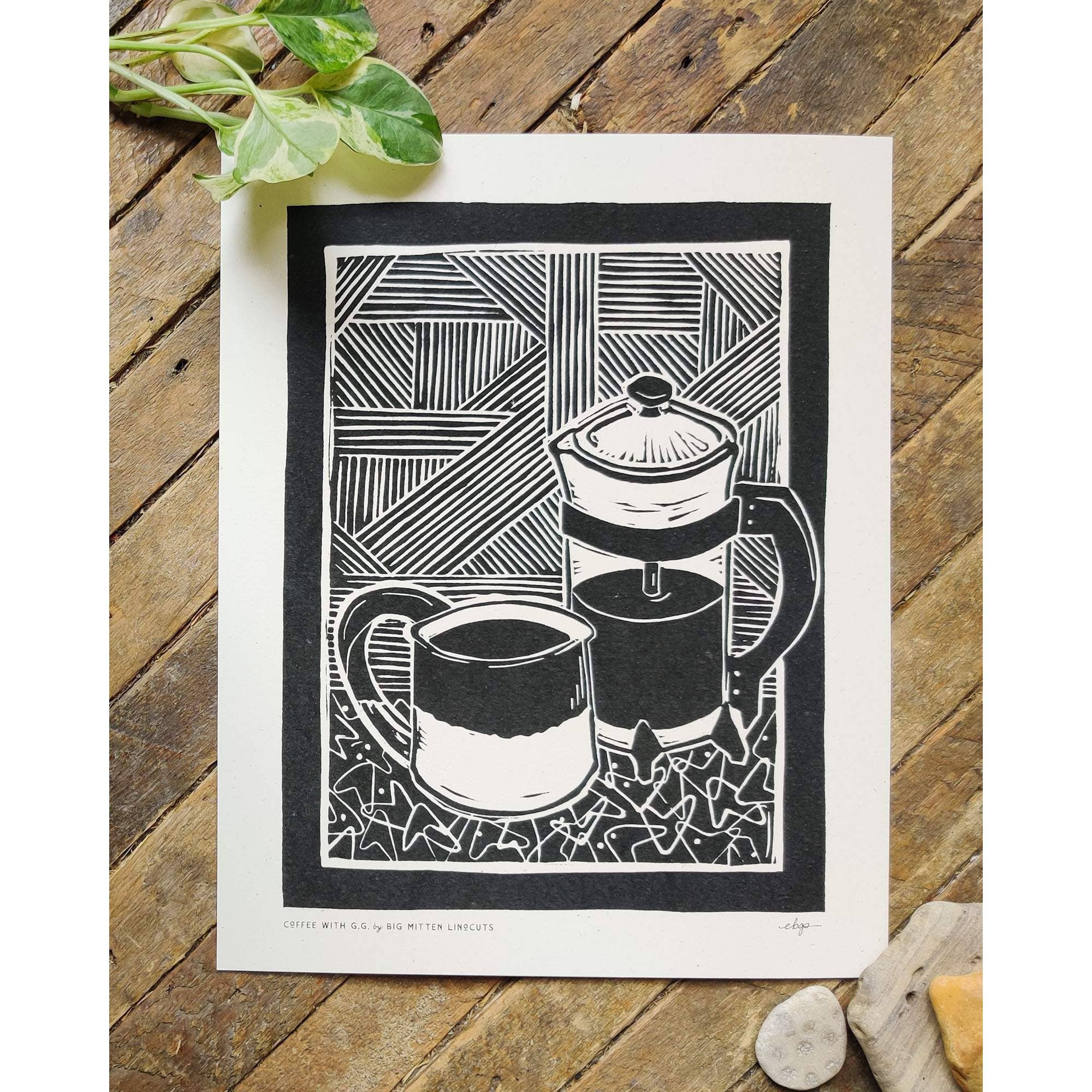 Coffee with GG Linoprint by Big Mitten Linocuts